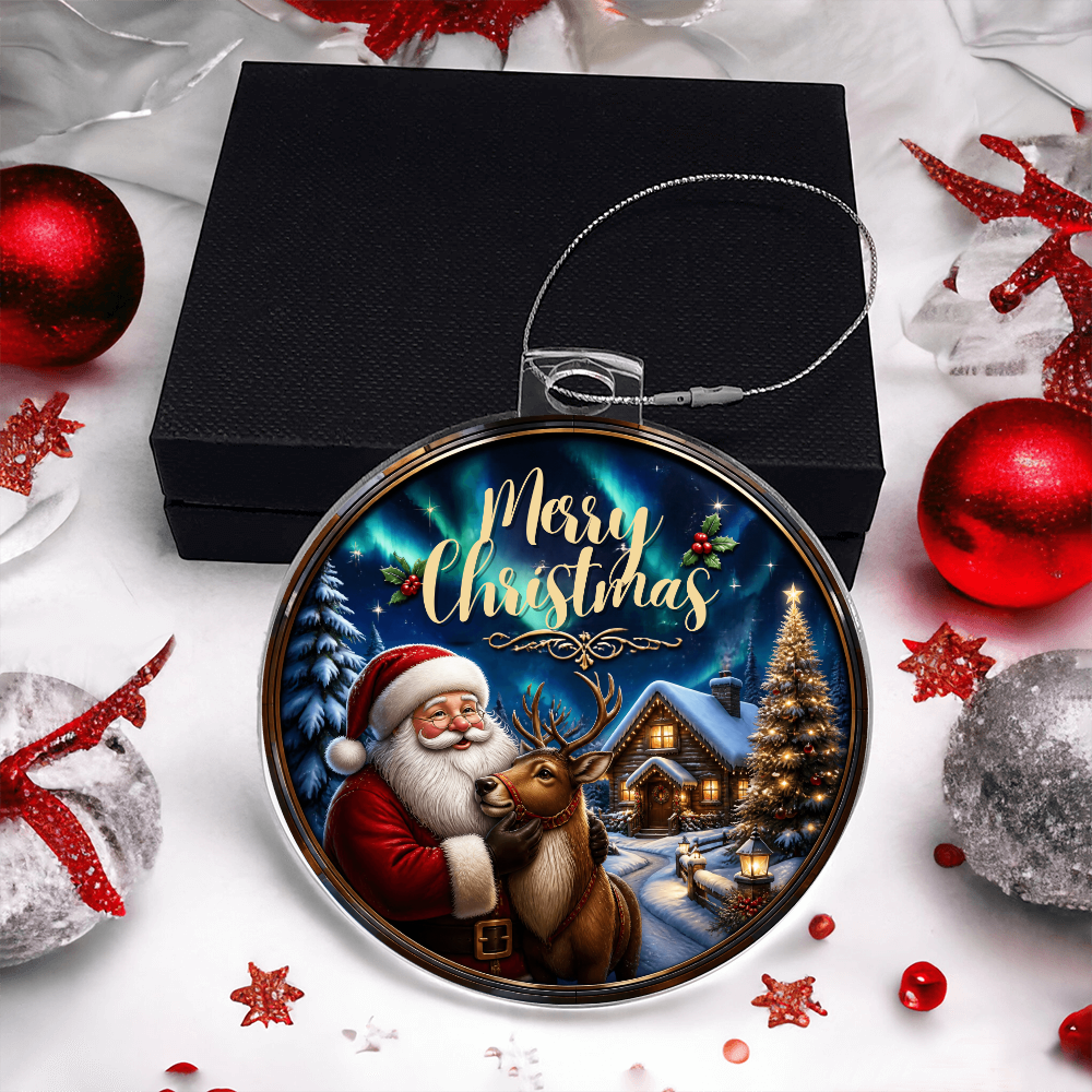 Round acrylic Christmas ornament featuring Santa and a reindeer, shown with a black gift box.