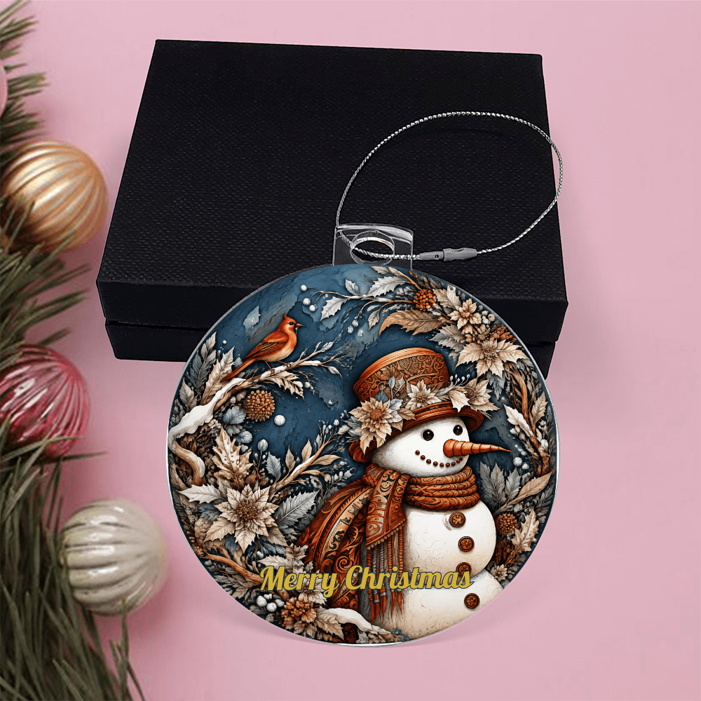 Round acrylic Christmas ornament featuring a vintage snowman and red robin, displayed in front of a black gift box.