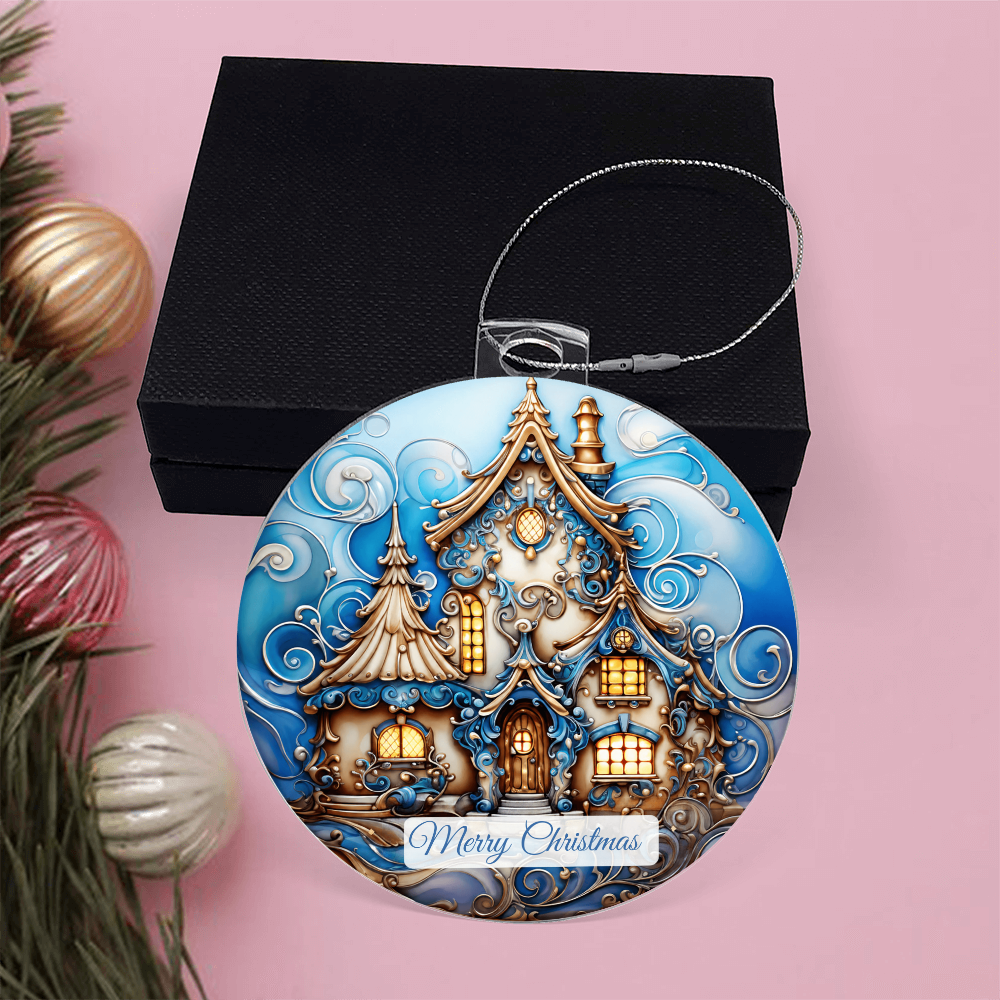 Round acrylic Christmas ornament featuring a cozy winter house with ornate, glowing windows, festive scrollwork, and a "Merry Christmas" banner at the bottom, displayed in front of a black gift box.