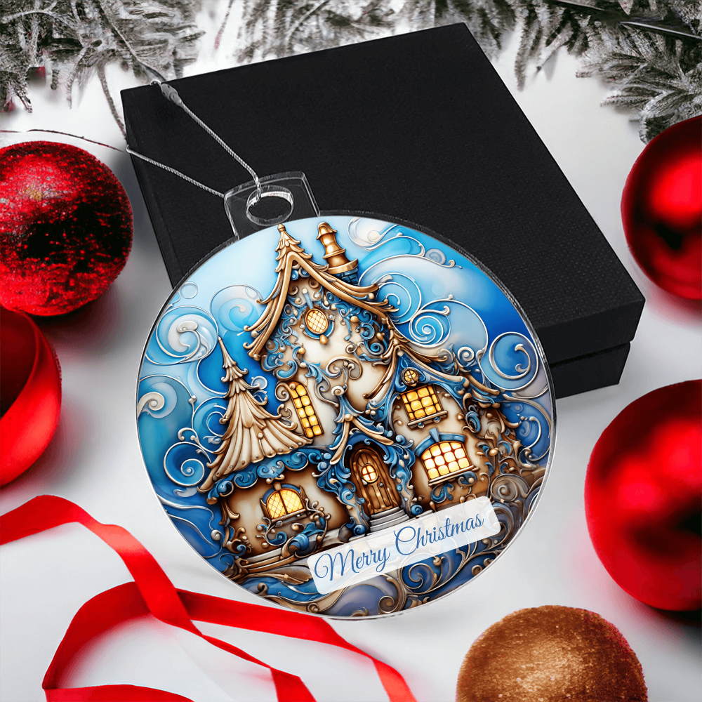 Round acrylic Christmas ornament featuring a cozy winter house with ornate, glowing windows, festive scrollwork, and a "Merry Christmas" banner at the bottom, displayed in front of a black gift box and red Christmas ornaments.