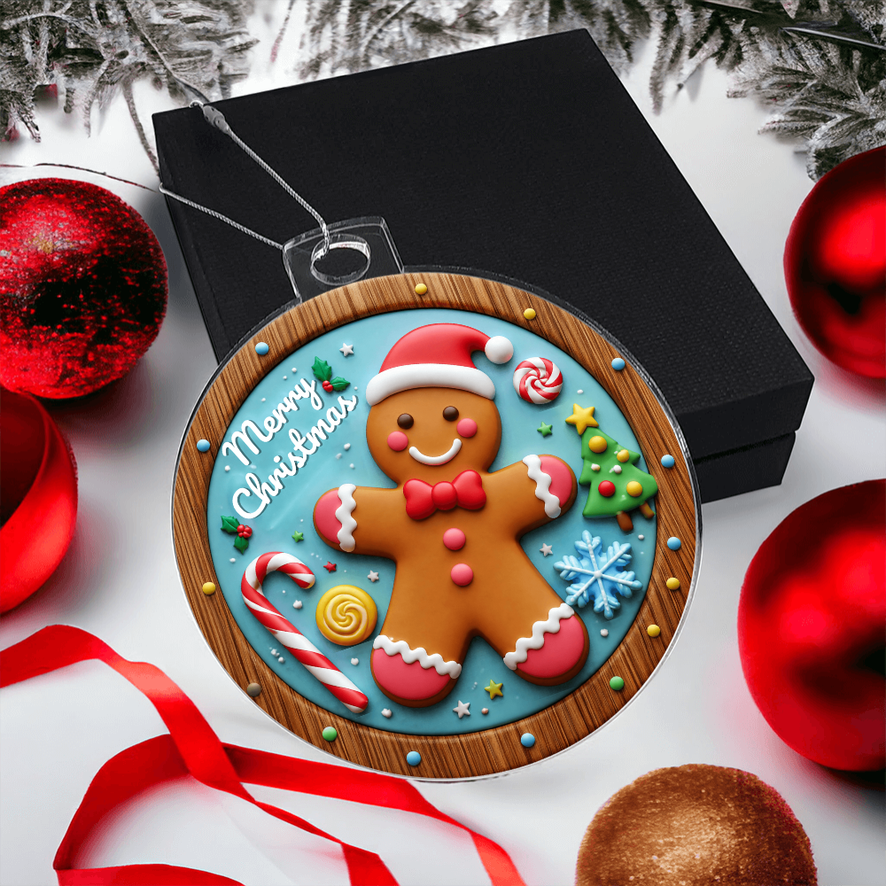 Round acrylic Christmas ornament in a stained-glass style featuring a smiling gingerbread man wearing a Santa hat, surrounded by red holiday ornaments, red ribbon, and a black gift box.