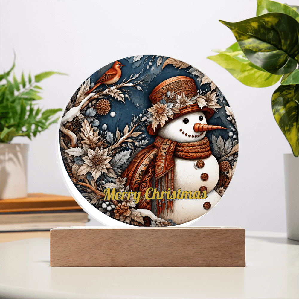 Round acrylic circle plaque featuring a vintage snowman and red robin with "Merry Christmas" text, mounted on an illuminated wooden base.