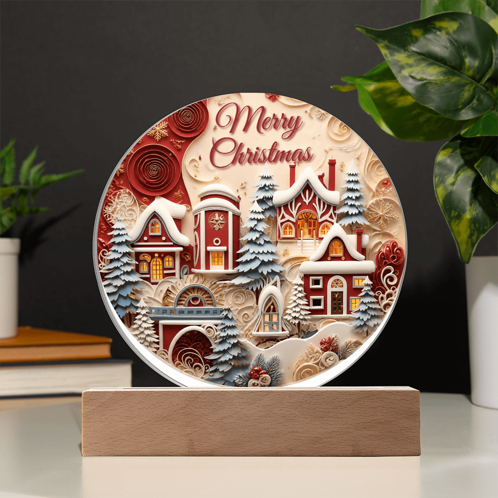 Winter House acrylic desk plaque holiday decor with illuminated wooden LED base and Merry Christmas greeting by Giulia's Jems.