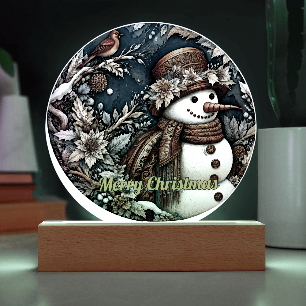 Round acrylic circle plaque featuring a vintage snowman and red robin with "Merry Christmas" text, mounted on an illuminated wooden base.