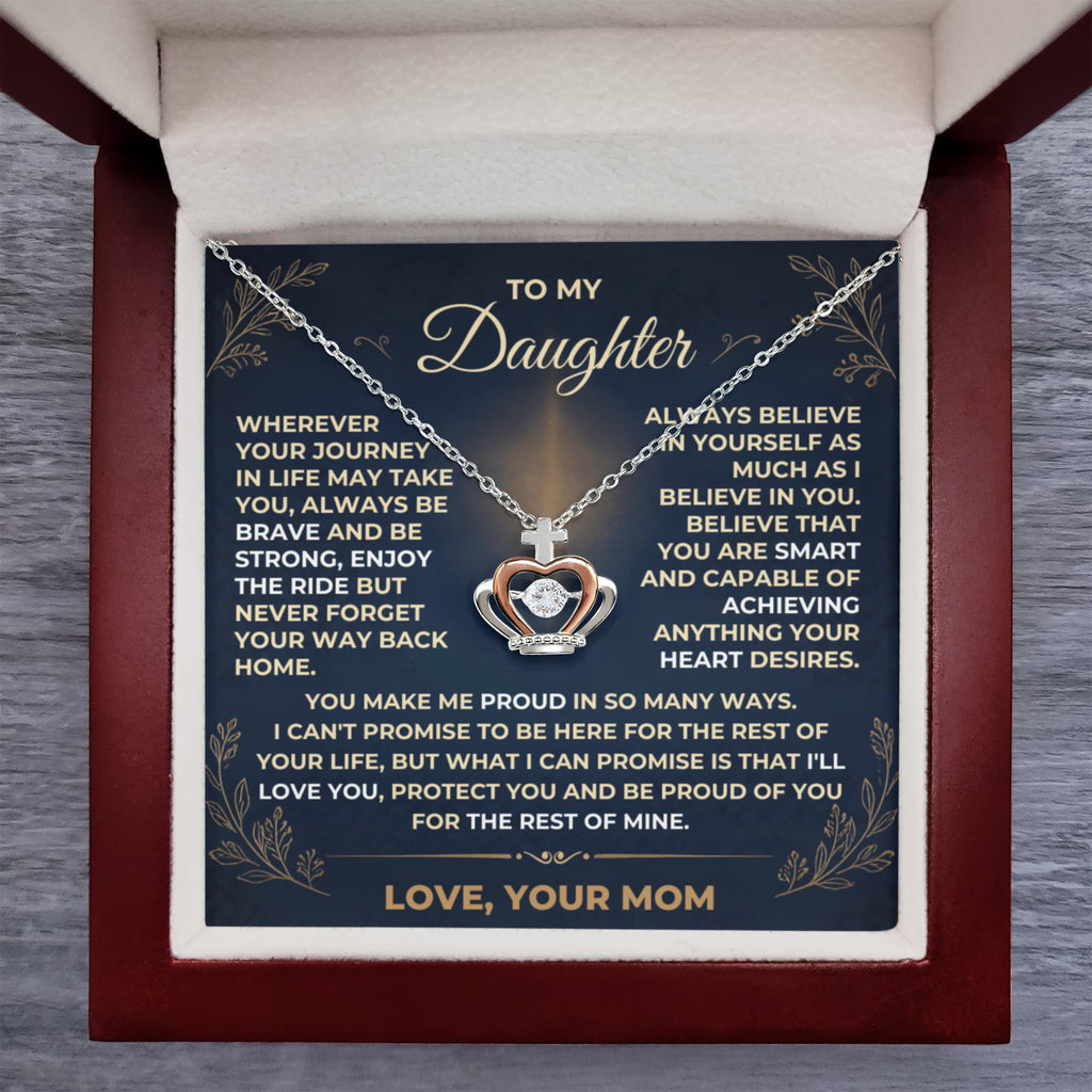 To My Daughter crown pendant necklace in .925 sterling silver and rose gold with dancing cubic zirconia, displayed in a luxury LED gift box by Giulia's Jems.