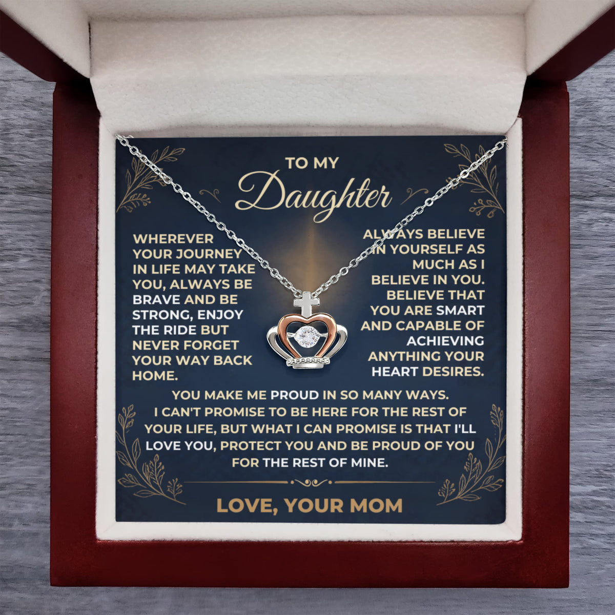 To My Daughter crown pendant necklace in .925 sterling silver and rose gold with dancing cubic zirconia, displayed in a luxury LED gift box by Giulia's Jems.