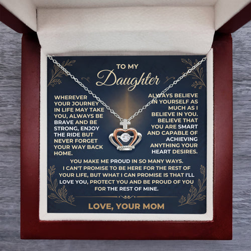 To My Daughter crown pendant necklace in .925 sterling silver and rose gold with dancing cubic zirconia, displayed in a luxury LED gift box by Giulia's Jems.