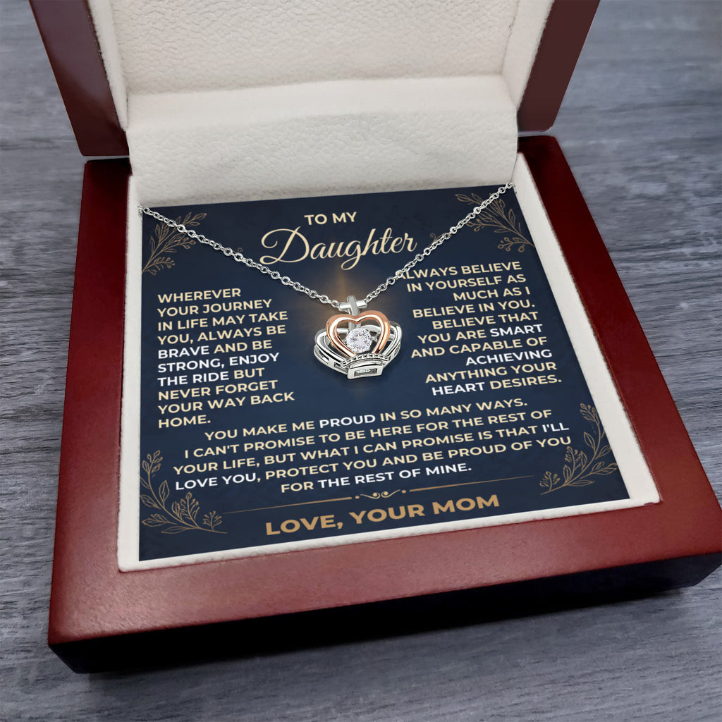 Crown pendant necklace presented inside a wooden gift box with a sentimental message card to a daughter from mom.