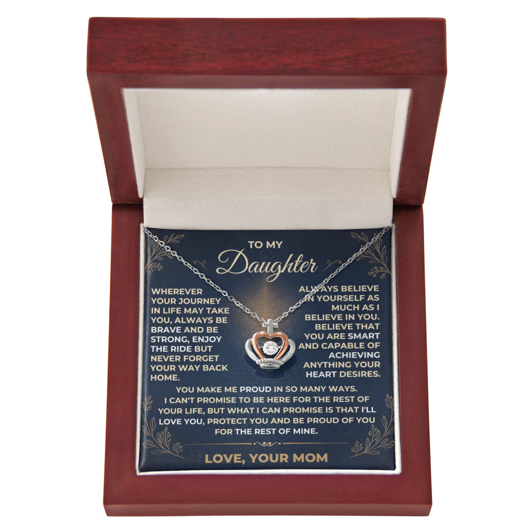 To My Daughter crown pendant necklace in .925 sterling silver and rose gold with dancing cubic zirconia, displayed in a luxury LED gift box by Giulia's Jems.
