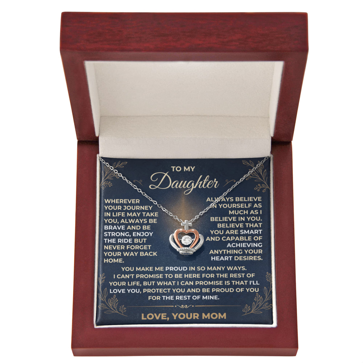 To My Daughter crown pendant necklace in .925 sterling silver and rose gold with dancing cubic zirconia, displayed in a luxury LED gift box by Giulia's Jems.