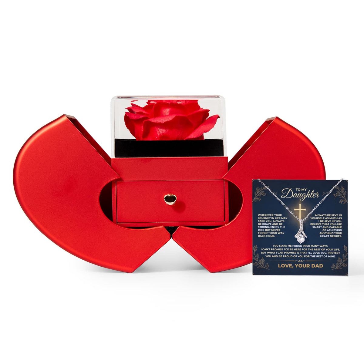 Father to daughter gift set featuring a red heart rose presentation box with an Alluring Beauty pendant necklace and sentimental message card.