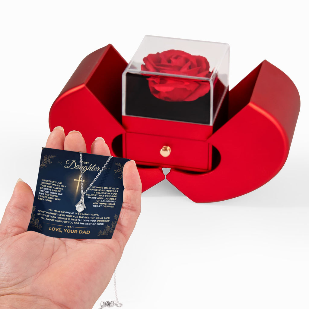 Father to daughter gift set featuring a red heart rose presentation box with an Alluring Beauty pendant necklace and sentimental message card.