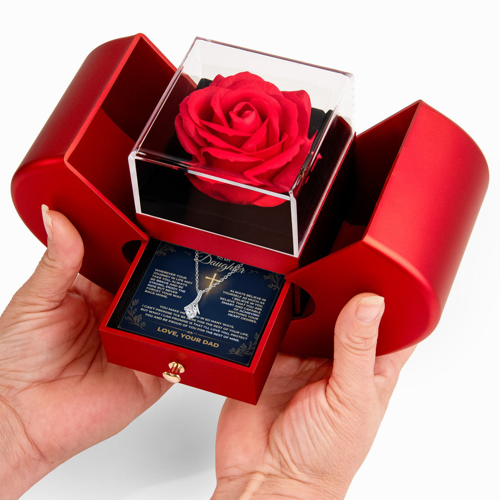 Father to daughter gift set featuring a red heart rose presentation box with an Alluring Beauty pendant necklace and sentimental message card.