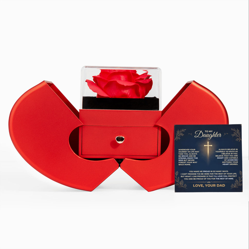 Father to daughter gift set featuring a red heart rose presentation box with an Alluring Beauty pendant necklace and sentimental message card.
