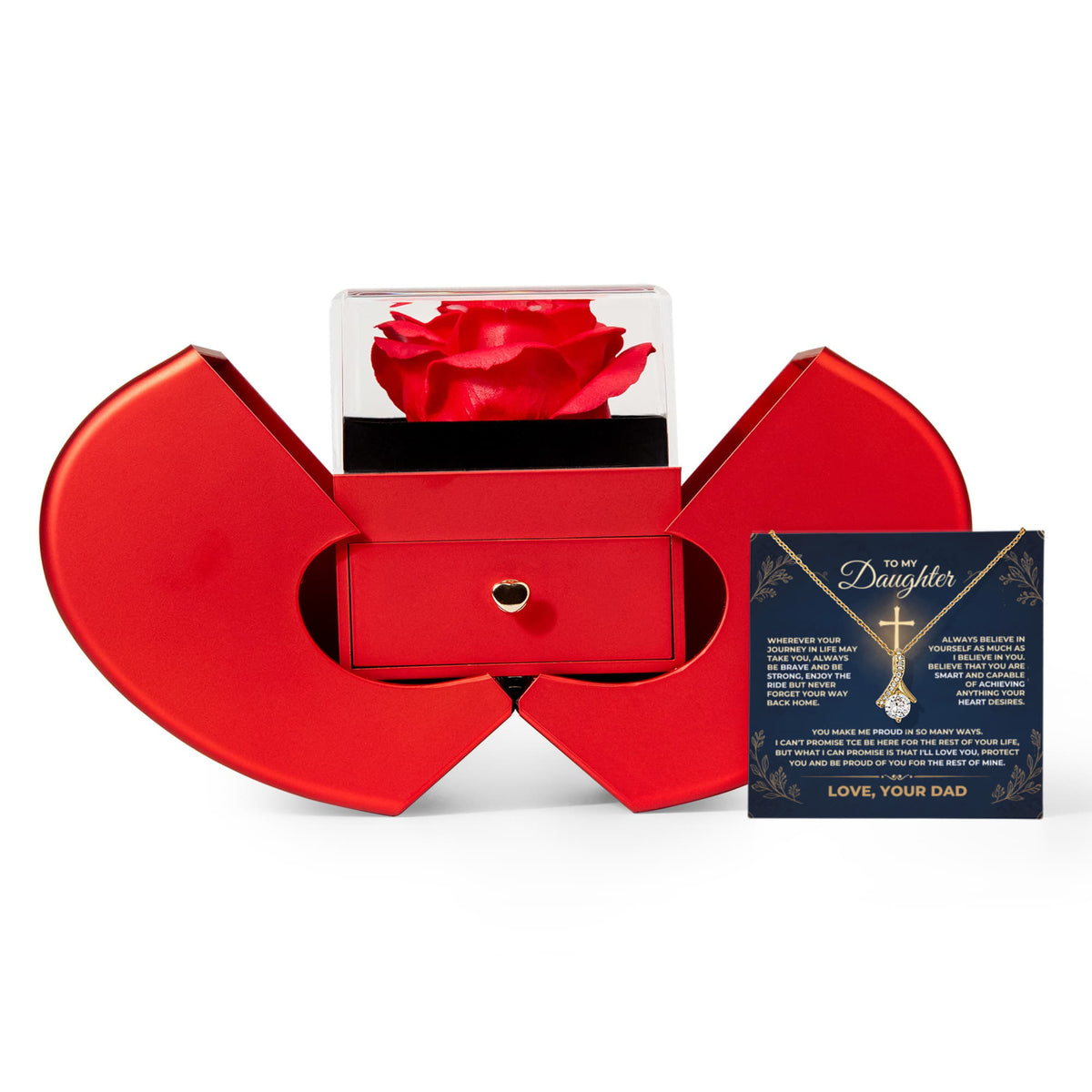 Father to daughter gift set featuring a red heart rose presentation box with an Alluring Beauty pendant necklace and sentimental message card.
