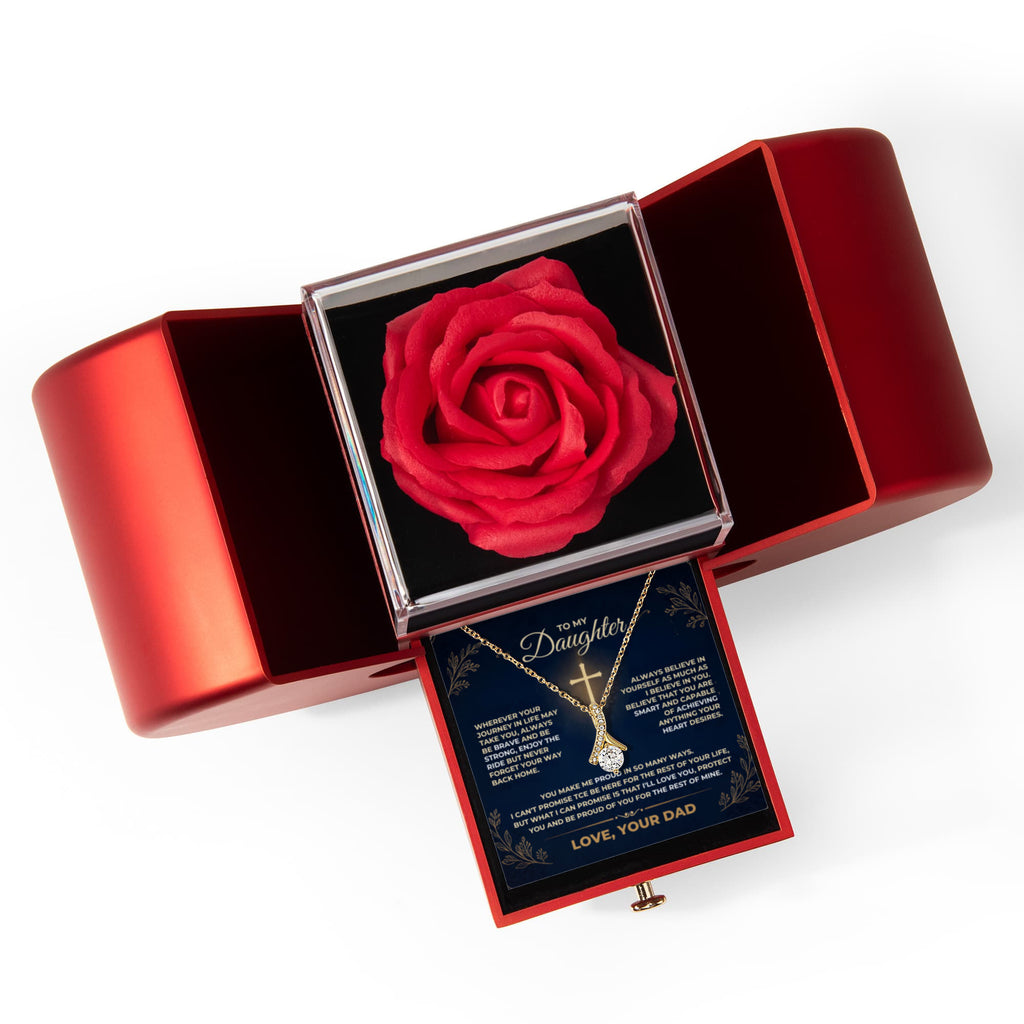 Father to daughter gift set featuring a red heart rose presentation box with an Alluring Beauty pendant necklace and sentimental message card.
