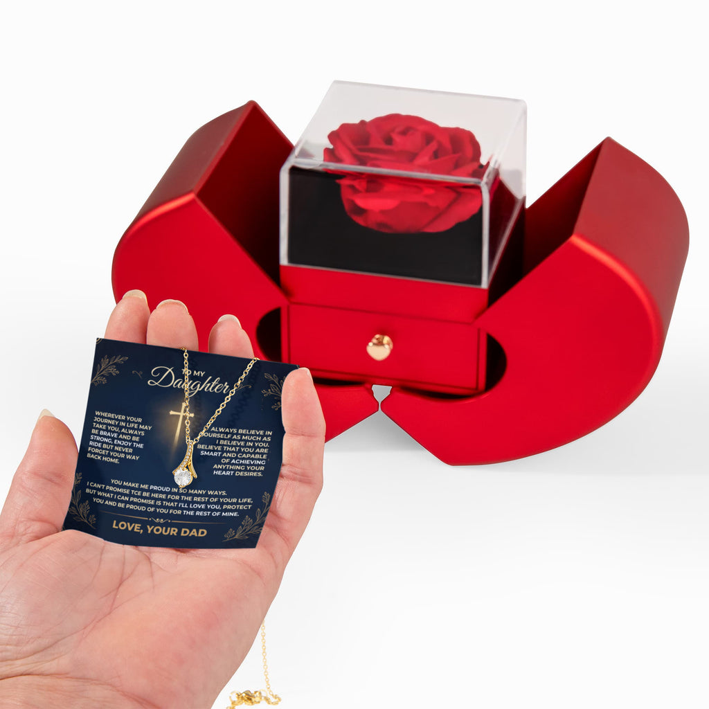 Father to daughter gift set featuring a red heart rose presentation box with an Alluring Beauty pendant necklace and sentimental message card.