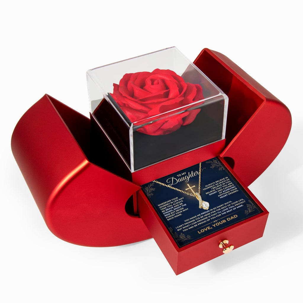 Father to daughter gift set featuring a red heart rose presentation box with an Alluring Beauty pendant necklace and sentimental message card.