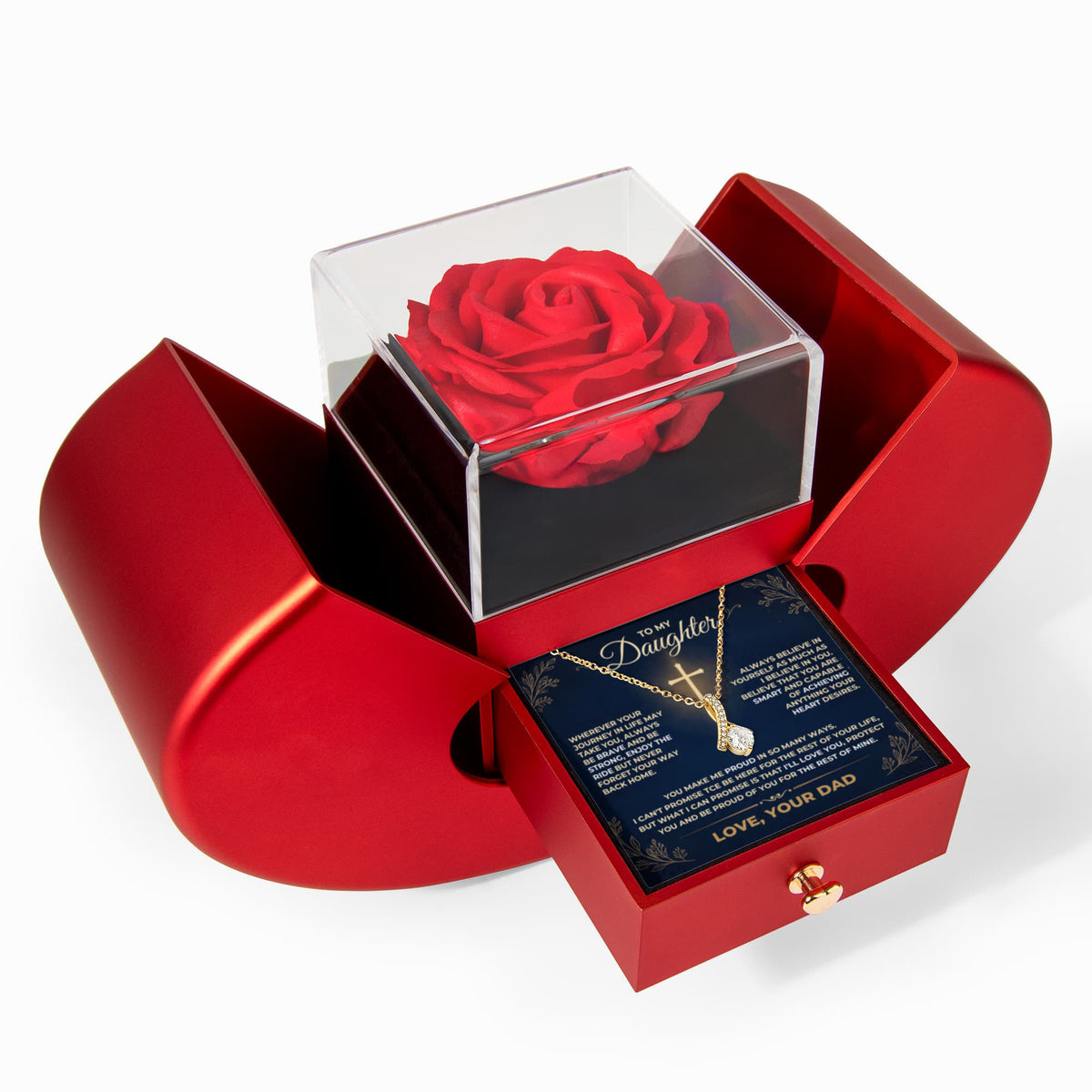 Father to daughter gift set featuring a red heart rose presentation box with an Alluring Beauty pendant necklace and sentimental message card.