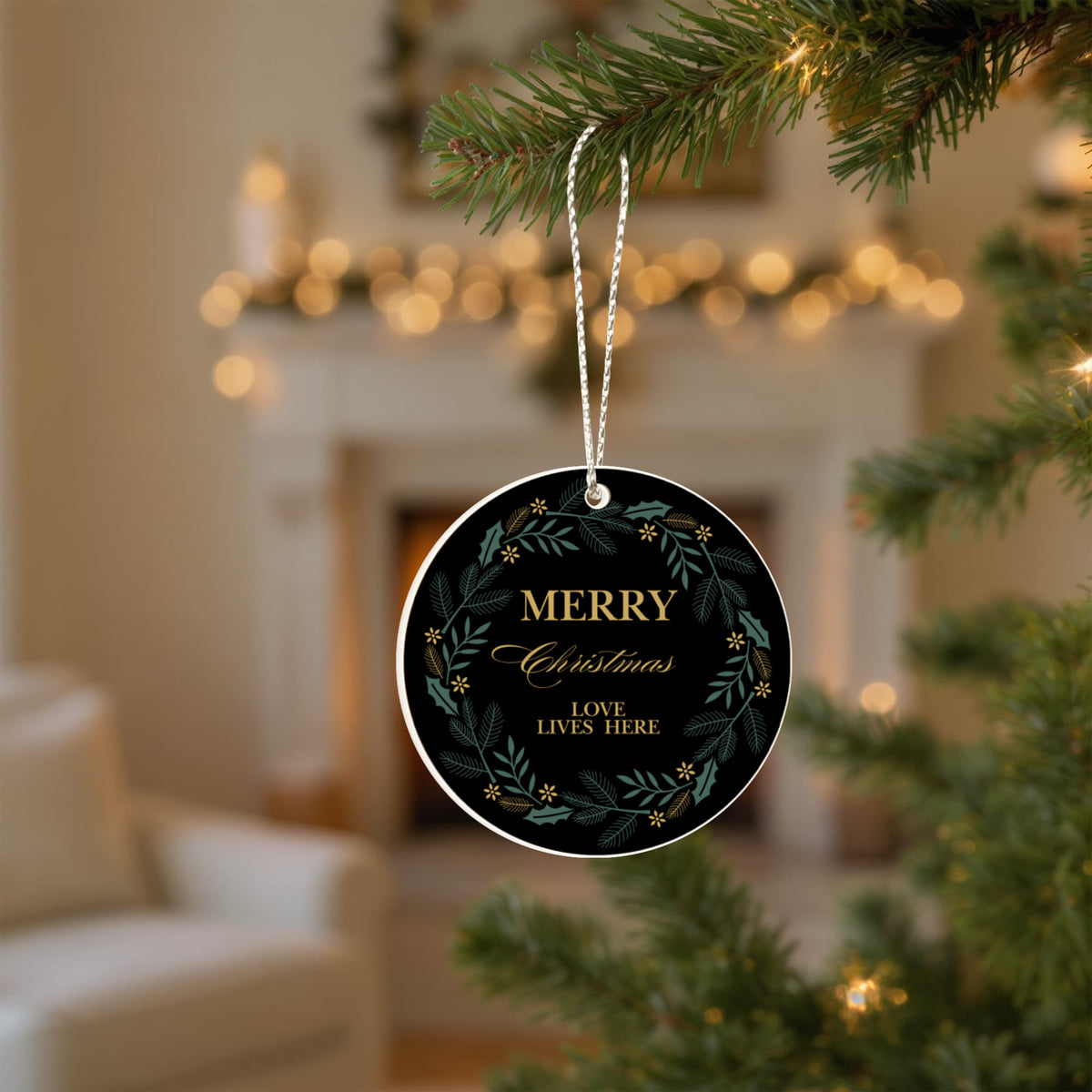 "Merry Christmas Love Lives Here" Custom Acrylic Circle Ornament