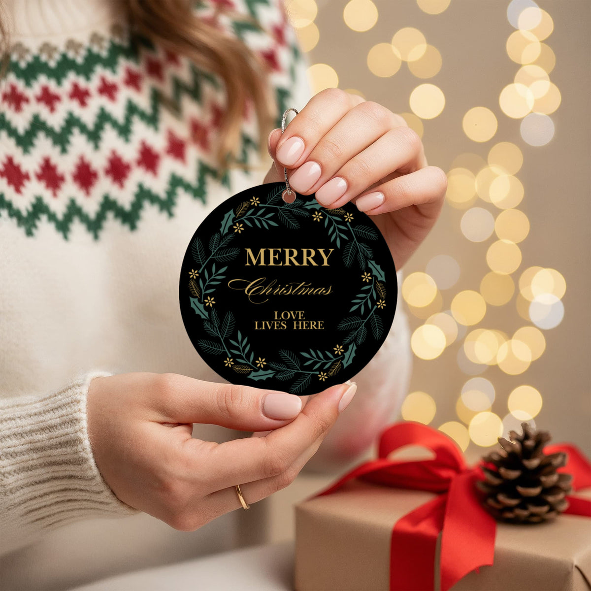 "Merry Christmas Love Lives Here" Custom Acrylic Circle Ornament