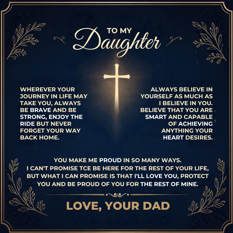 Sentiment card insert for father to daughter necklace gift featuring inspirational message and gold cross emblem.
